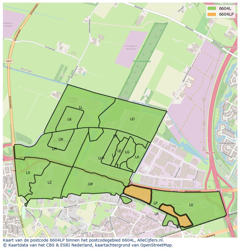 Afbeelding van het postcodegebied 6604 LP op de kaart.