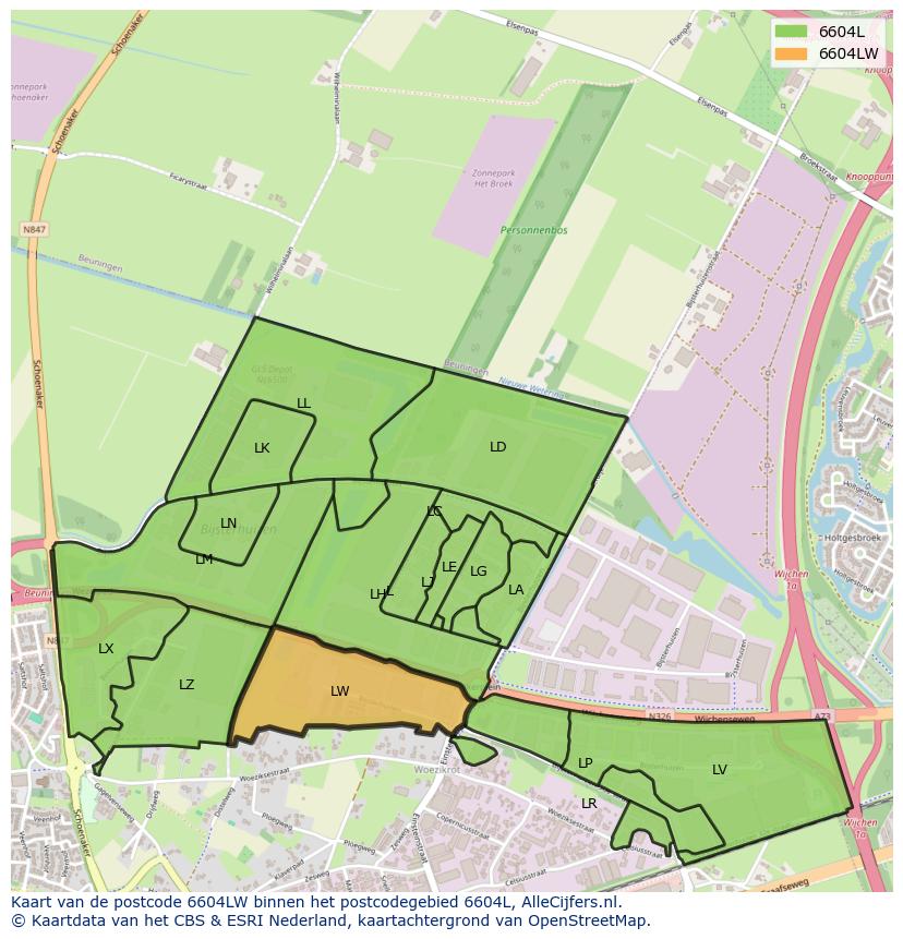 Afbeelding van het postcodegebied 6604 LW op de kaart.
