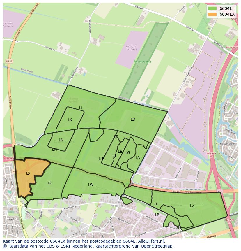 Afbeelding van het postcodegebied 6604 LX op de kaart.