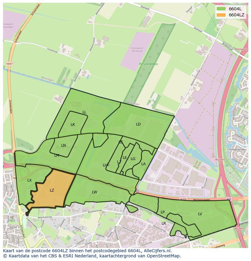 Afbeelding van het postcodegebied 6604 LZ op de kaart.