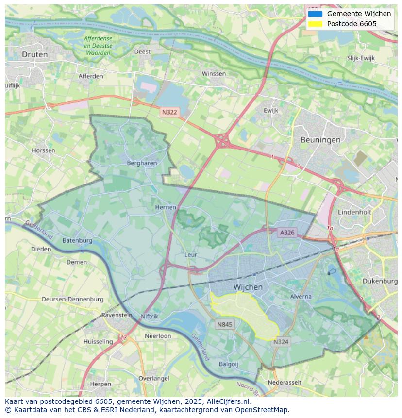 Afbeelding van het postcodegebied 6605 op de kaart.