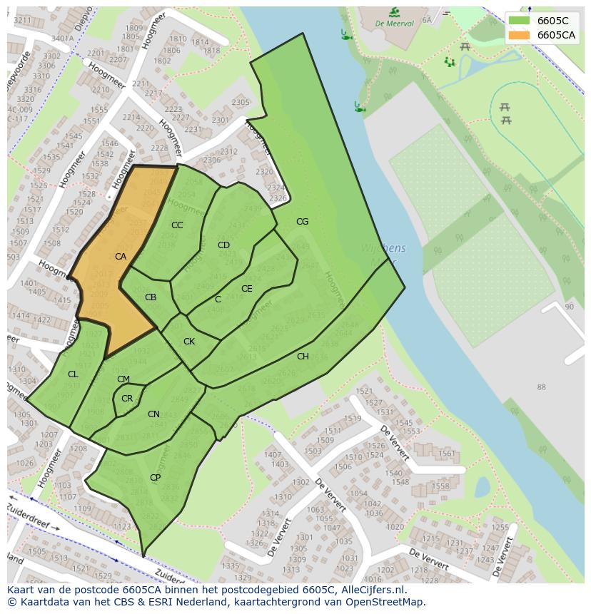 Afbeelding van het postcodegebied 6605 CA op de kaart.