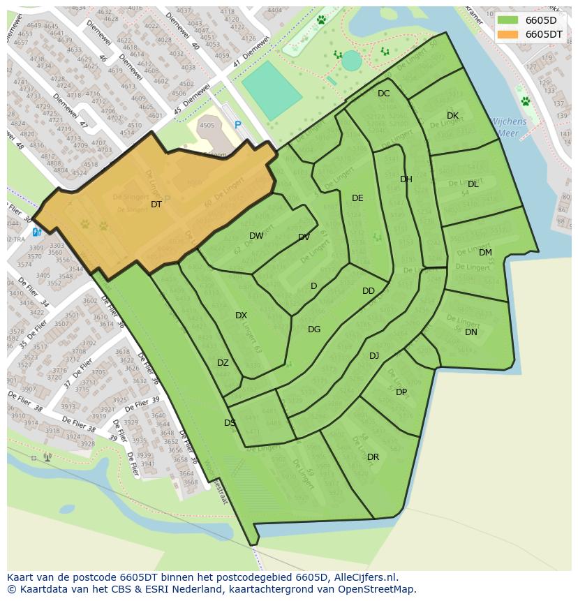 Afbeelding van het postcodegebied 6605 DT op de kaart.