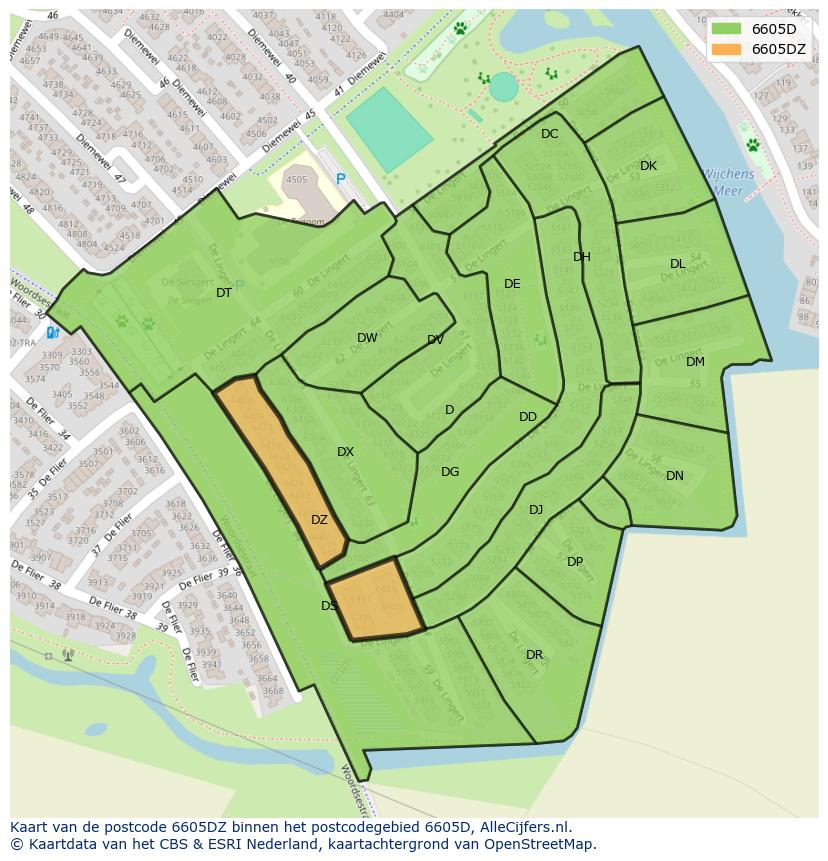 Afbeelding van het postcodegebied 6605 DZ op de kaart.