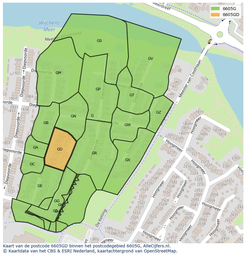 Afbeelding van het postcodegebied 6605 GD op de kaart.