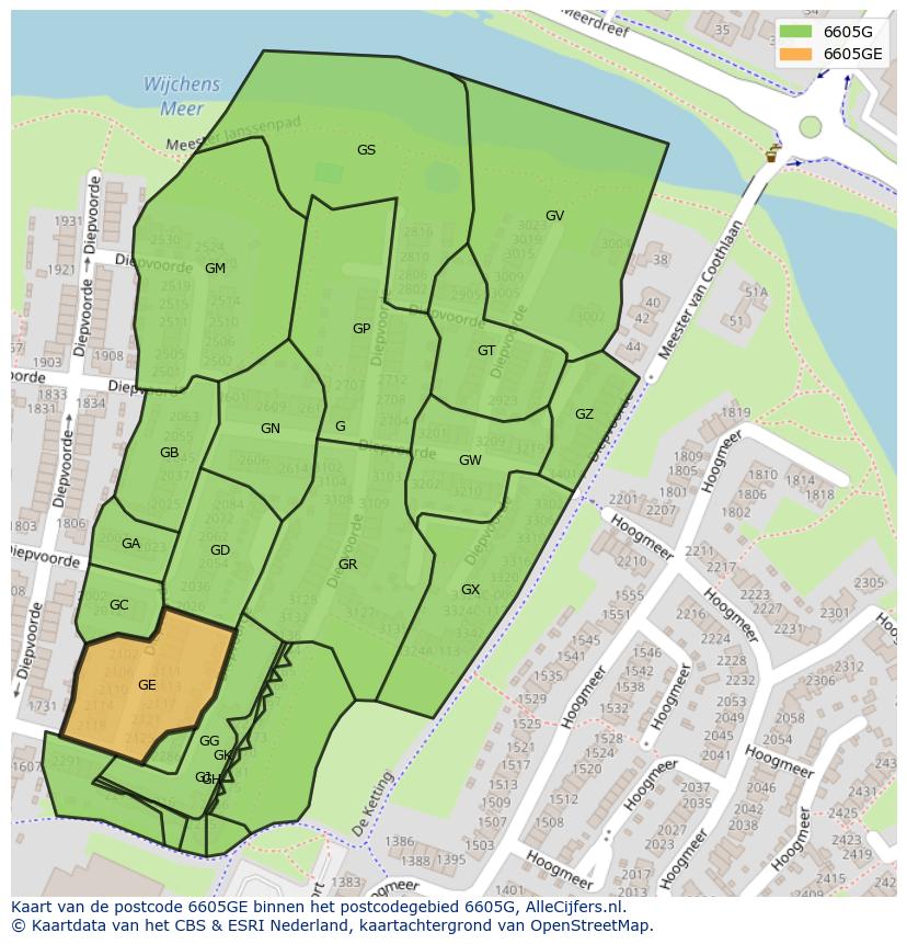 Afbeelding van het postcodegebied 6605 GE op de kaart.