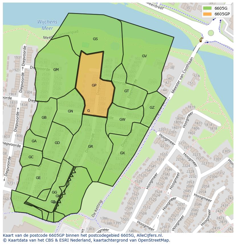 Afbeelding van het postcodegebied 6605 GP op de kaart.