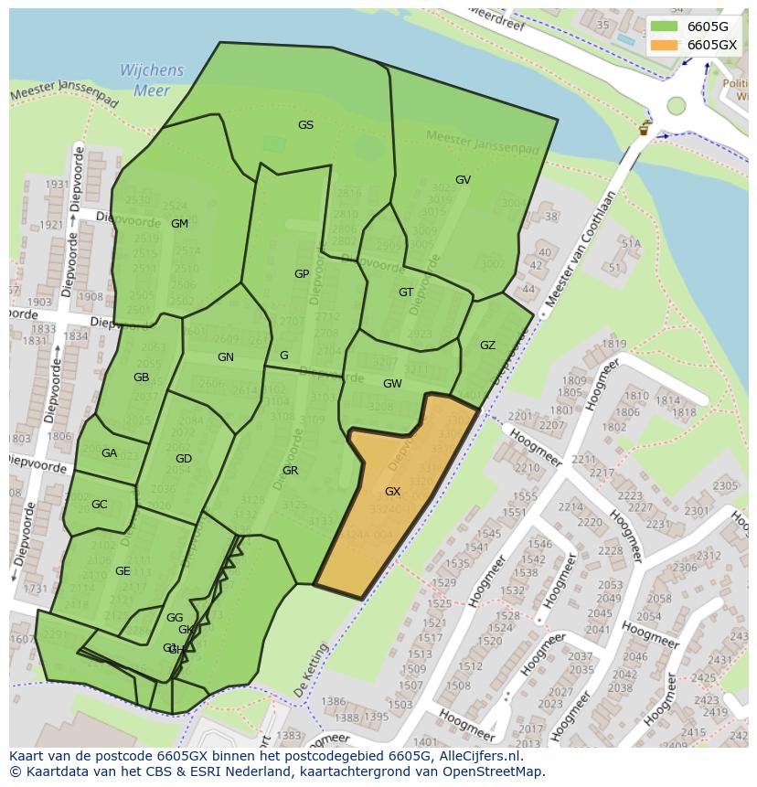 Afbeelding van het postcodegebied 6605 GX op de kaart.