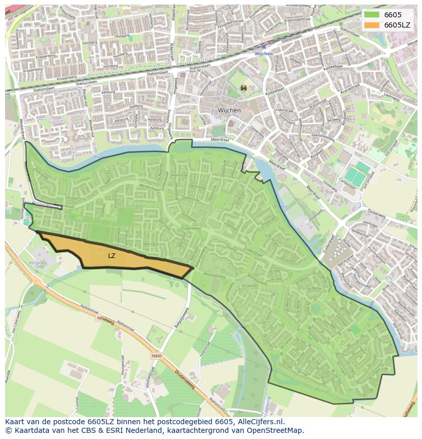 Afbeelding van het postcodegebied 6605 LZ op de kaart.