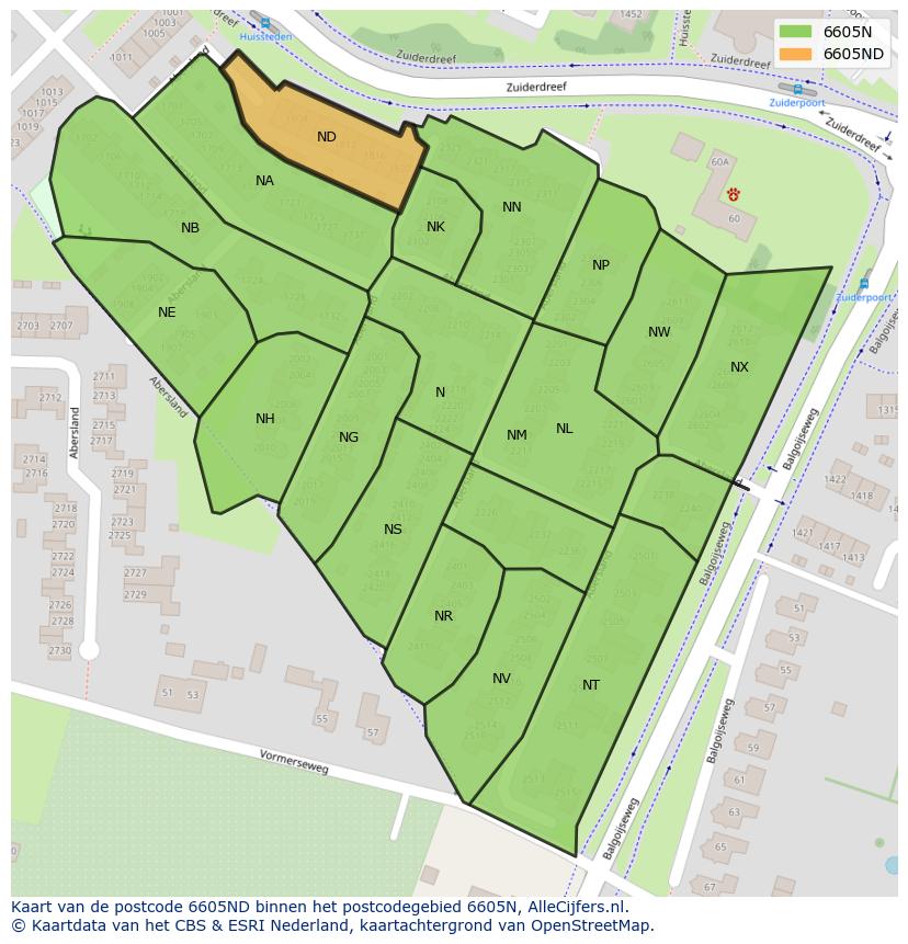 Afbeelding van het postcodegebied 6605 ND op de kaart.