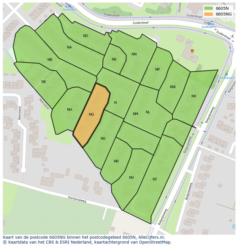 Afbeelding van het postcodegebied 6605 NG op de kaart.