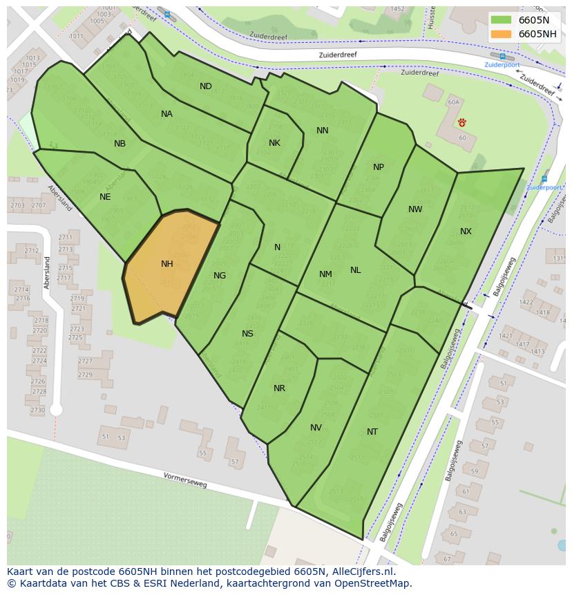 Afbeelding van het postcodegebied 6605 NH op de kaart.