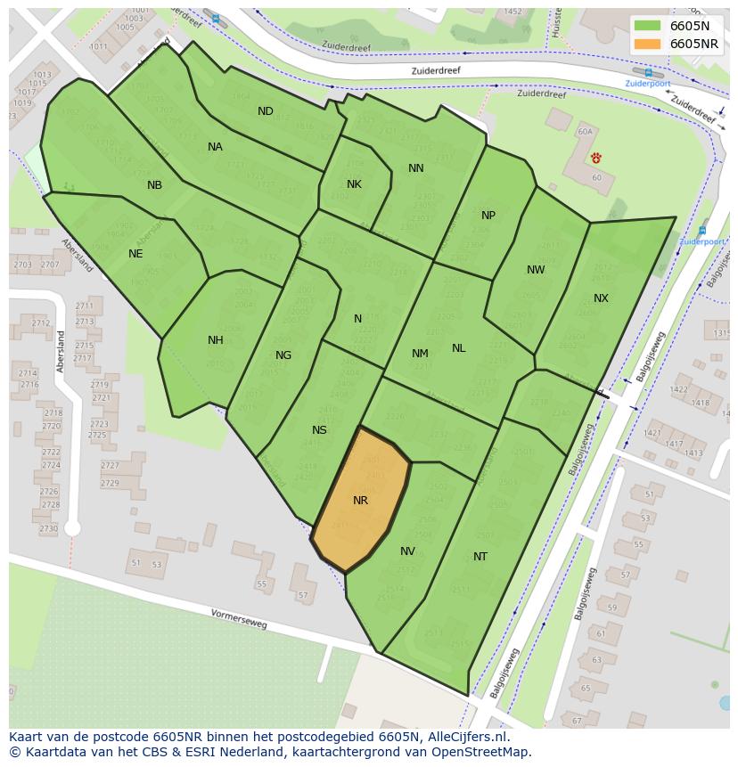 Afbeelding van het postcodegebied 6605 NR op de kaart.