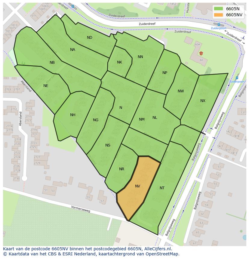 Afbeelding van het postcodegebied 6605 NV op de kaart.