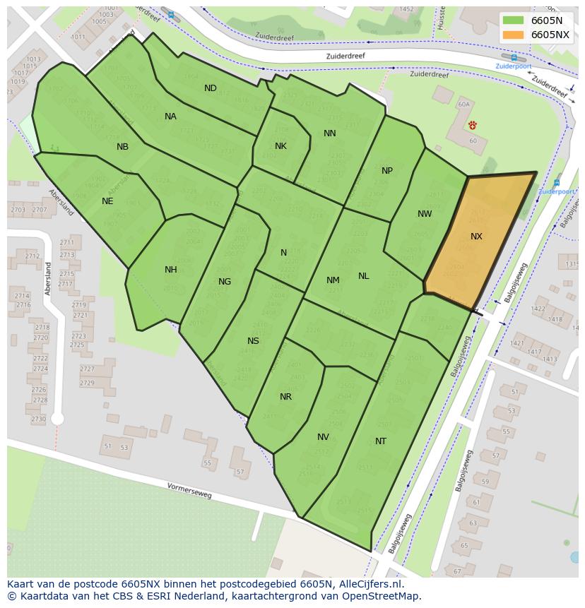 Afbeelding van het postcodegebied 6605 NX op de kaart.