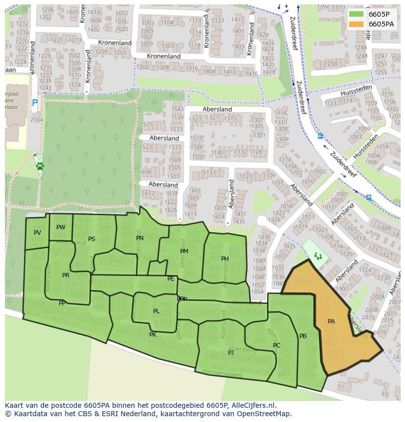Afbeelding van het postcodegebied 6605 PA op de kaart.