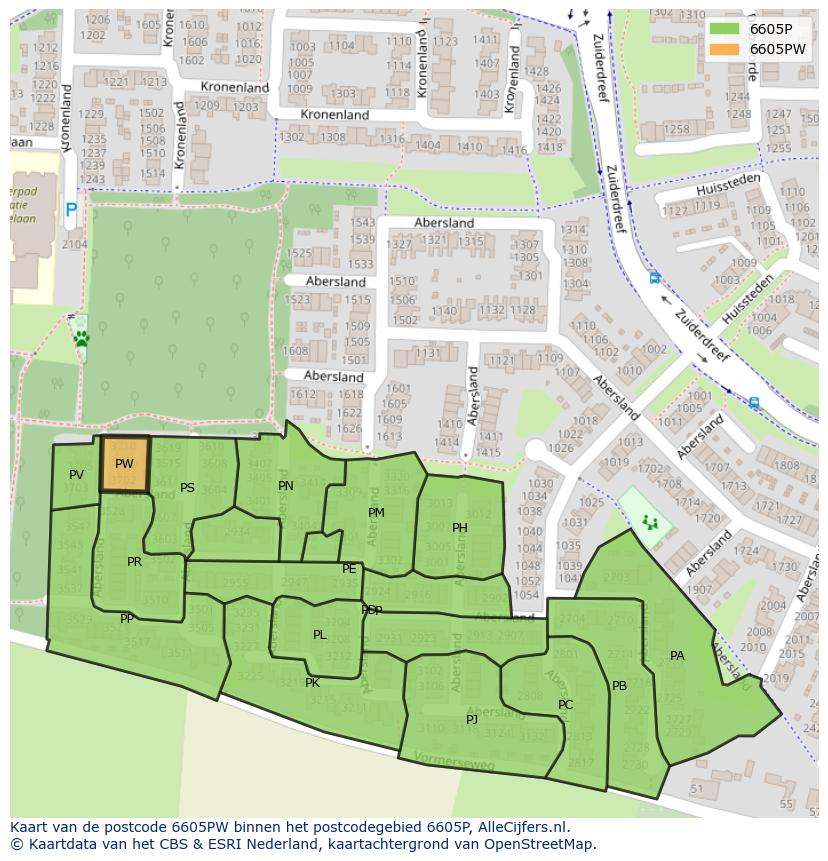 Afbeelding van het postcodegebied 6605 PW op de kaart.