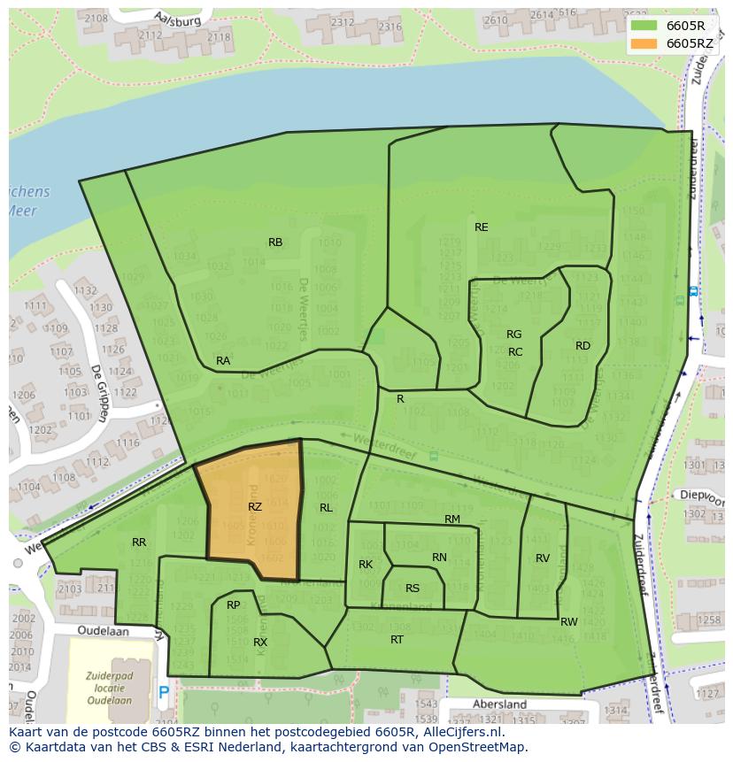 Afbeelding van het postcodegebied 6605 RZ op de kaart.