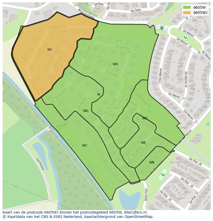 Afbeelding van het postcodegebied 6605 WJ op de kaart.