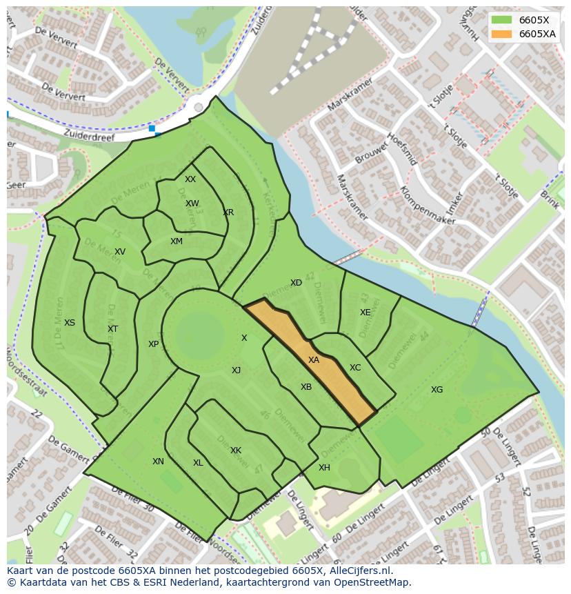 Afbeelding van het postcodegebied 6605 XA op de kaart.
