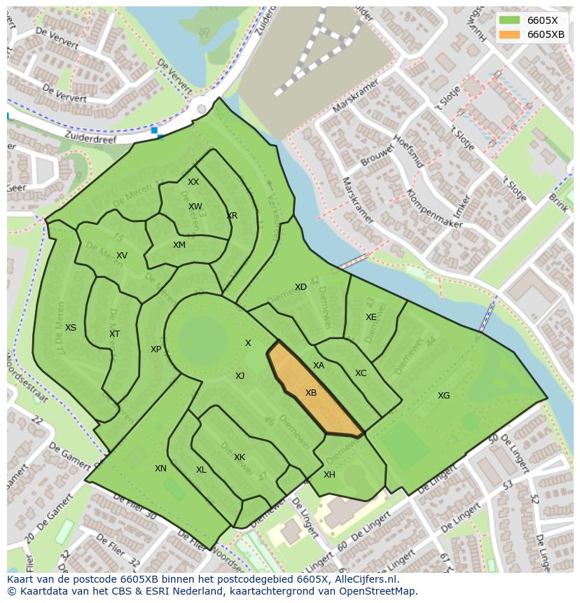 Afbeelding van het postcodegebied 6605 XB op de kaart.