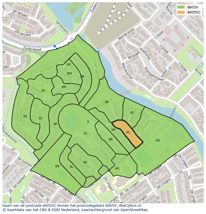 Afbeelding van het postcodegebied 6605 XC op de kaart.