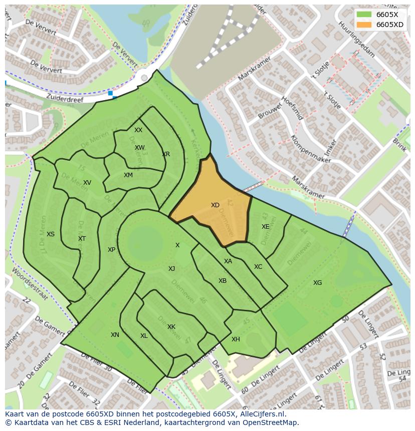 Afbeelding van het postcodegebied 6605 XD op de kaart.