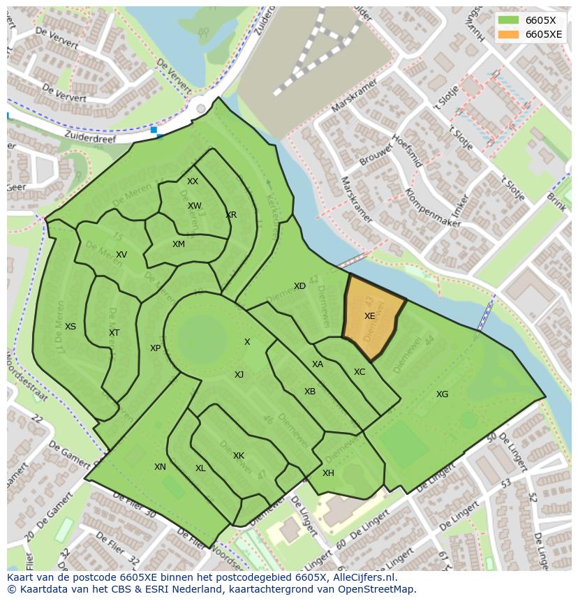 Afbeelding van het postcodegebied 6605 XE op de kaart.