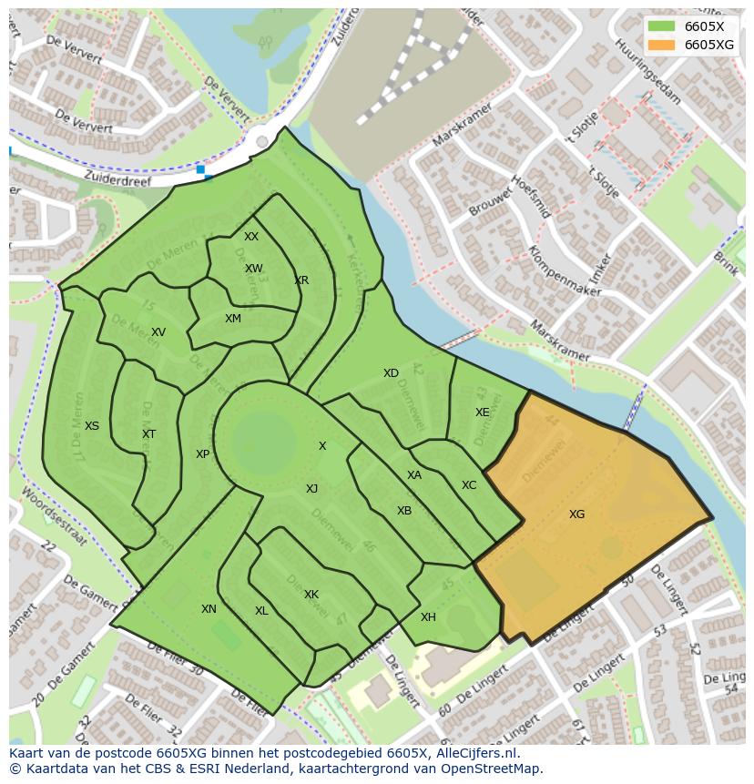 Afbeelding van het postcodegebied 6605 XG op de kaart.