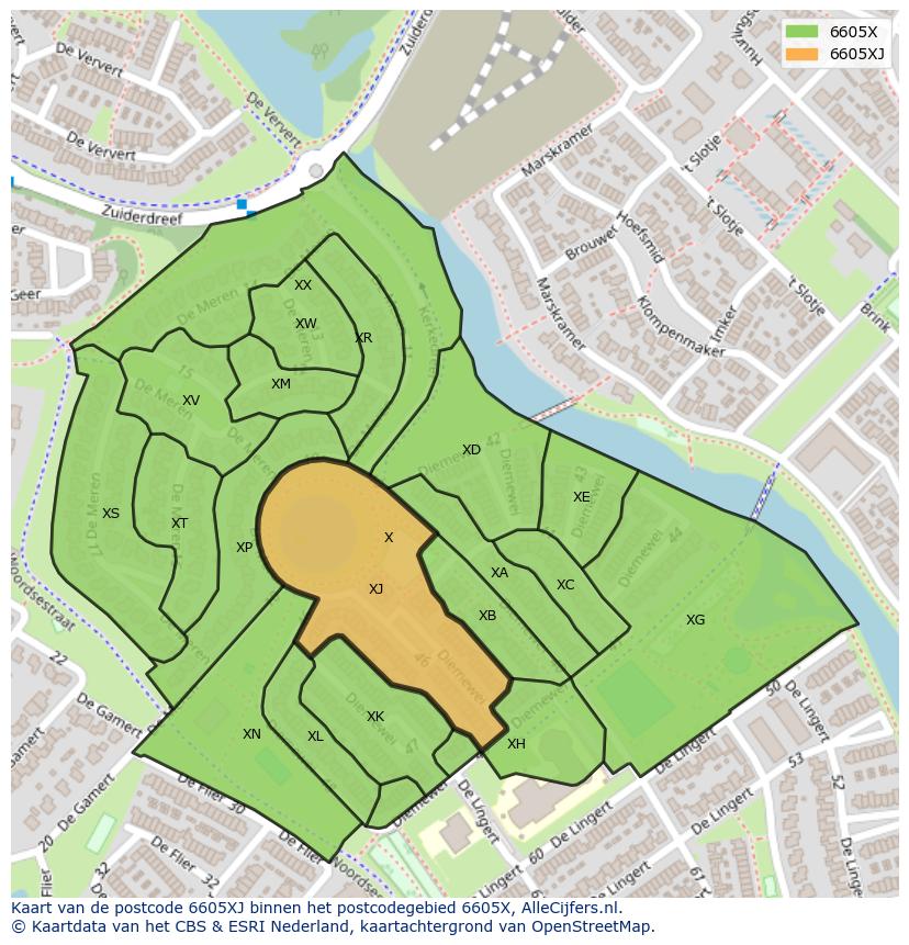 Afbeelding van het postcodegebied 6605 XJ op de kaart.