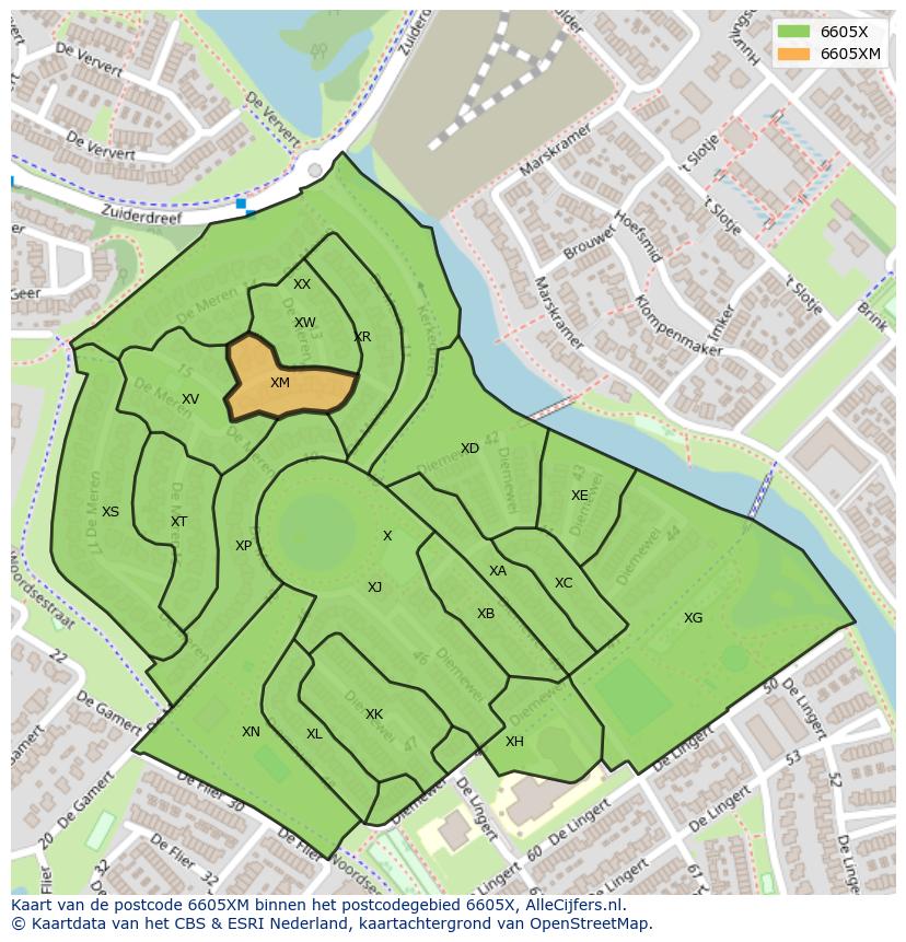 Afbeelding van het postcodegebied 6605 XM op de kaart.