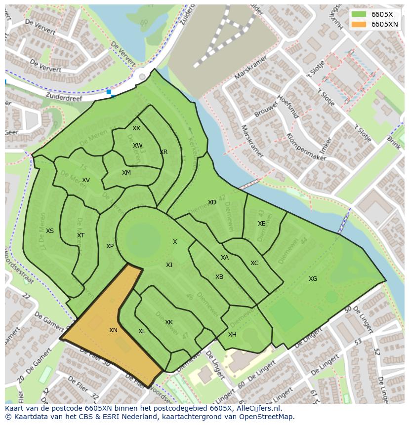 Afbeelding van het postcodegebied 6605 XN op de kaart.