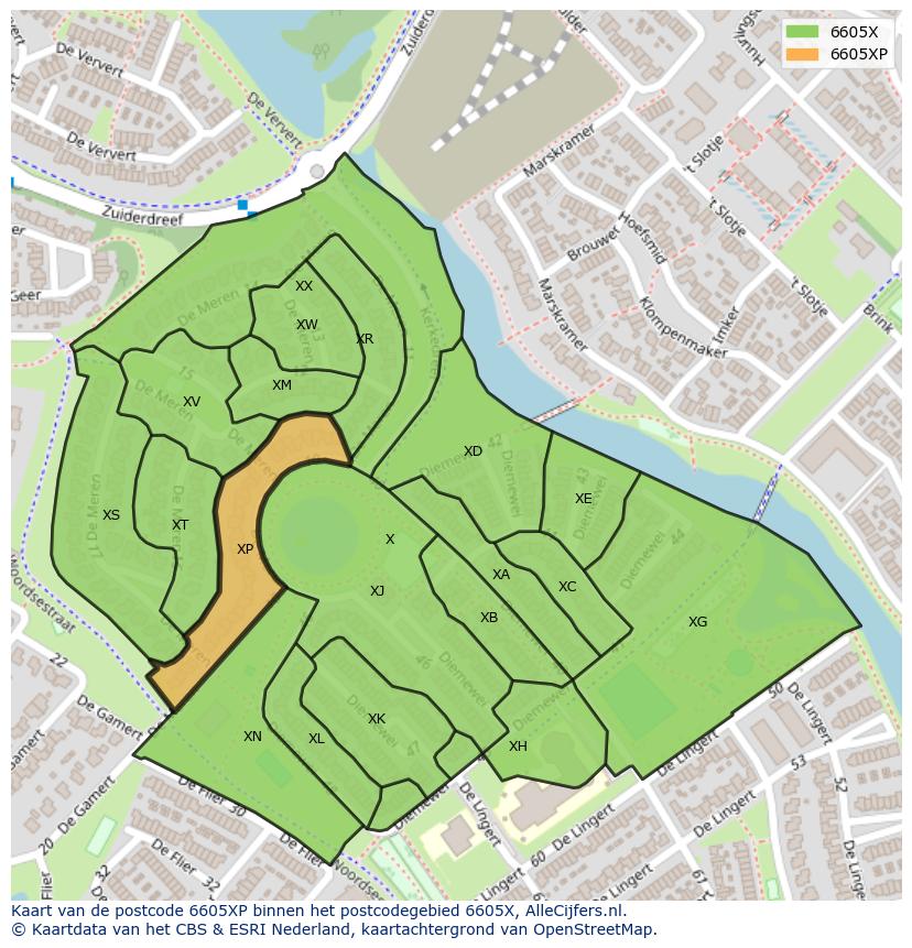 Afbeelding van het postcodegebied 6605 XP op de kaart.