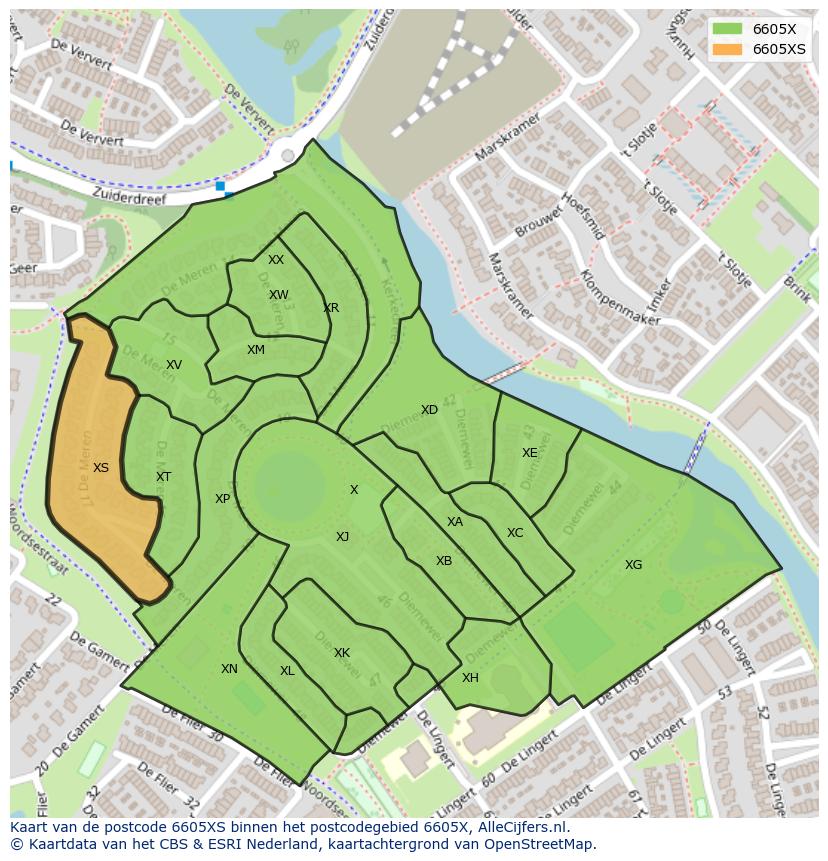 Afbeelding van het postcodegebied 6605 XS op de kaart.