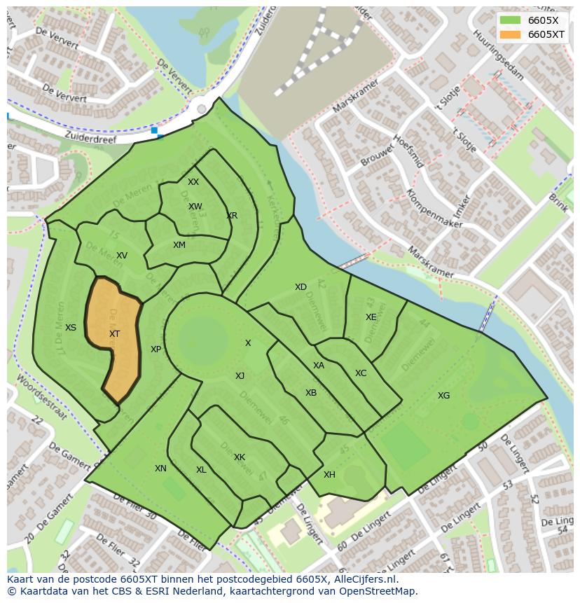 Afbeelding van het postcodegebied 6605 XT op de kaart.