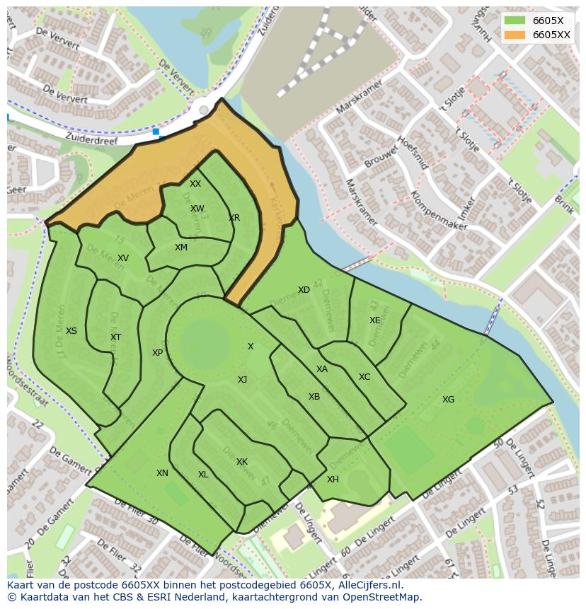 Afbeelding van het postcodegebied 6605 XX op de kaart.