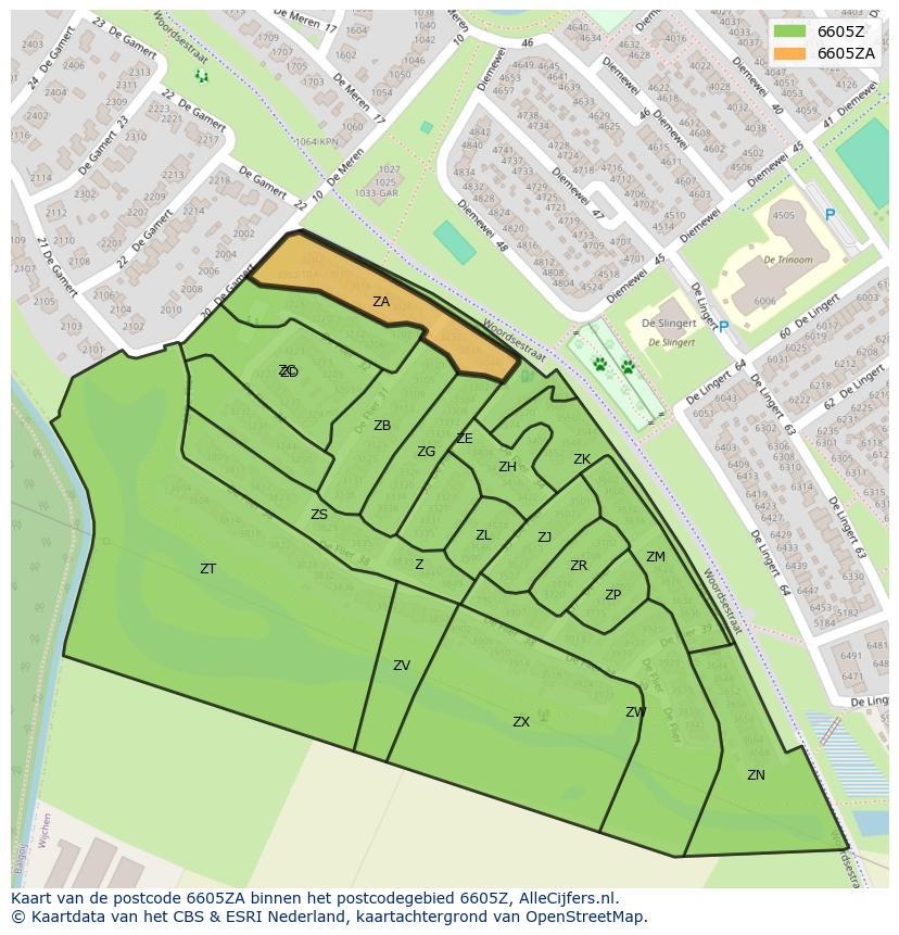 Afbeelding van het postcodegebied 6605 ZA op de kaart.