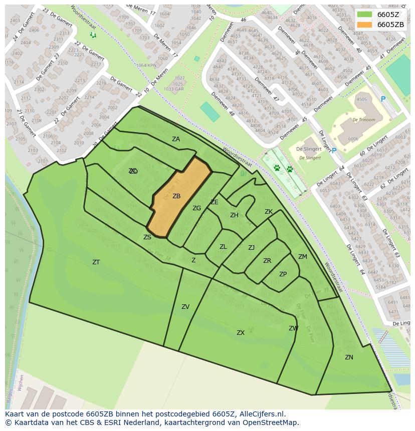 Afbeelding van het postcodegebied 6605 ZB op de kaart.