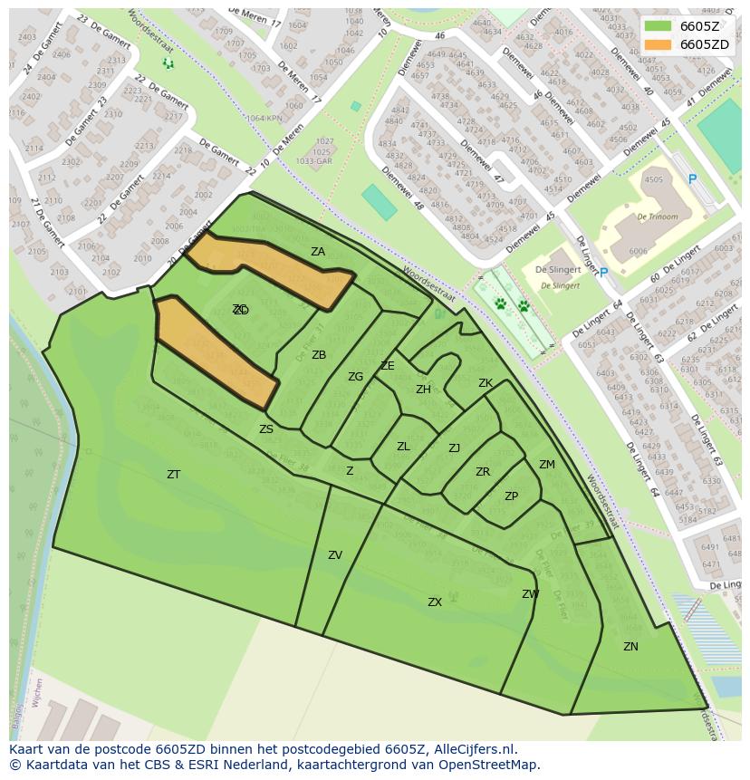 Afbeelding van het postcodegebied 6605 ZD op de kaart.