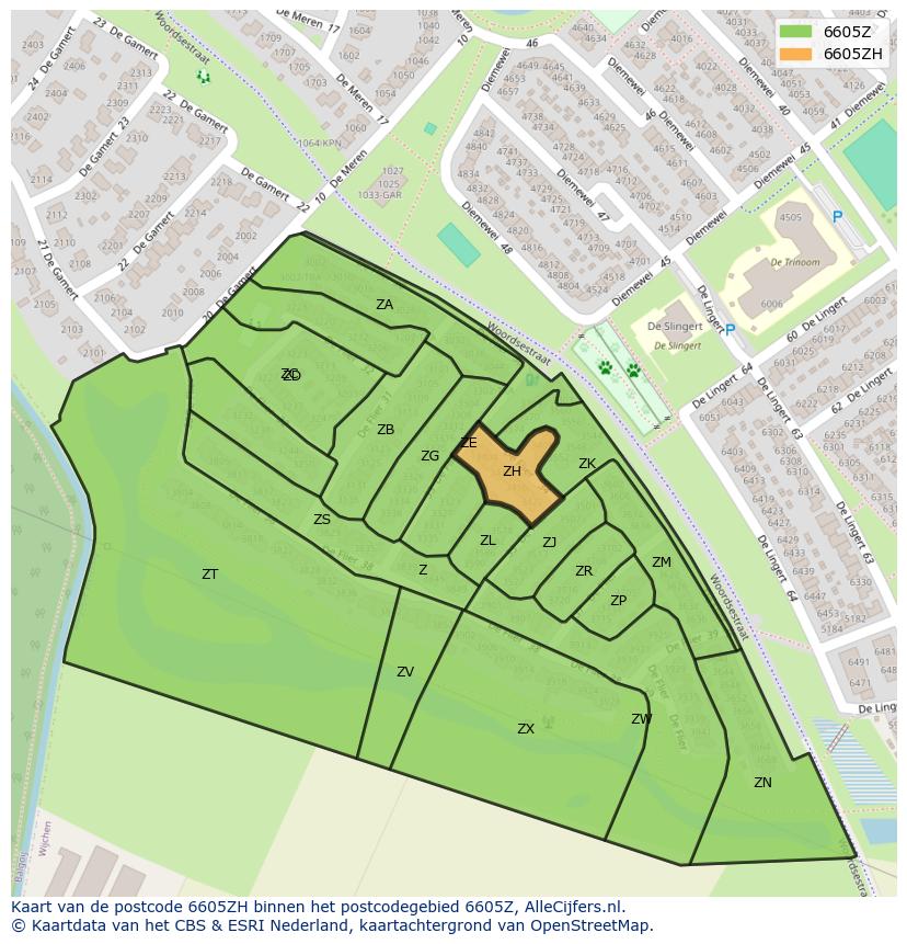 Afbeelding van het postcodegebied 6605 ZH op de kaart.