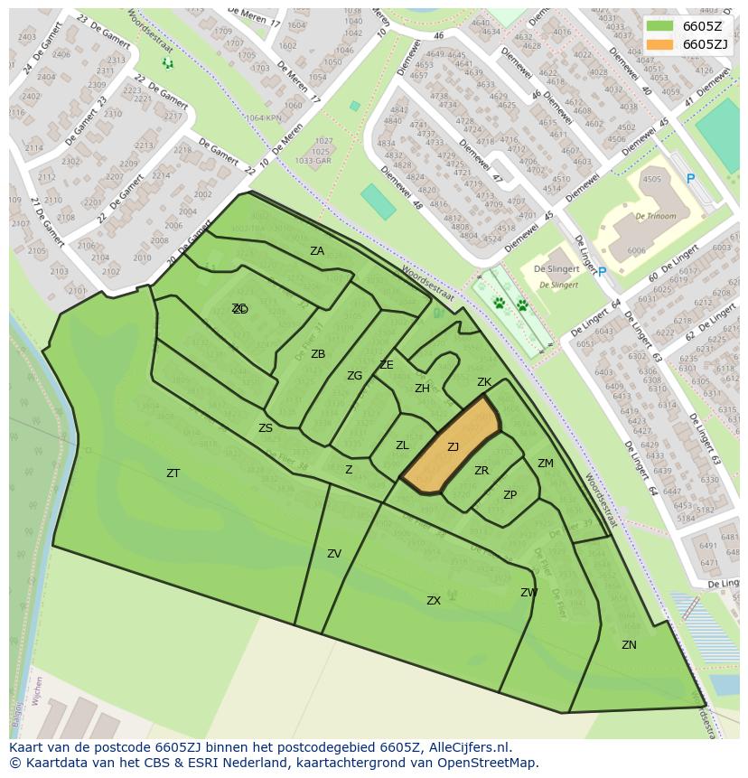 Afbeelding van het postcodegebied 6605 ZJ op de kaart.