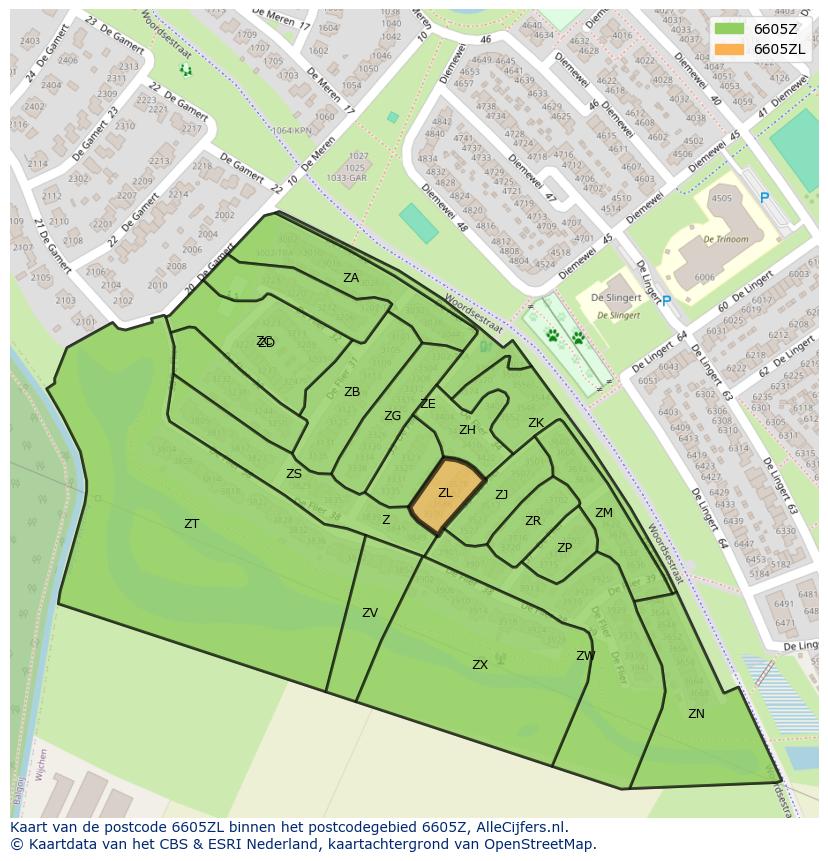 Afbeelding van het postcodegebied 6605 ZL op de kaart.