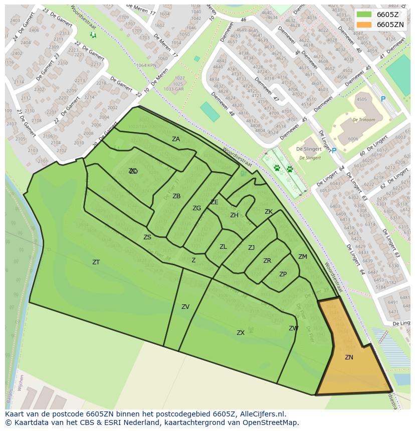 Afbeelding van het postcodegebied 6605 ZN op de kaart.