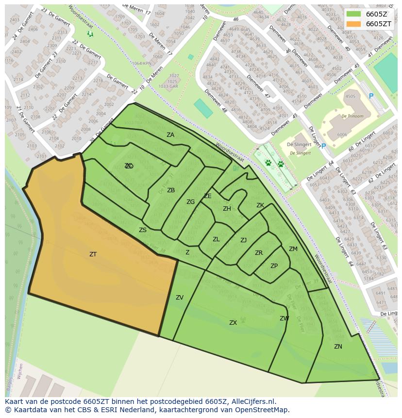 Afbeelding van het postcodegebied 6605 ZT op de kaart.