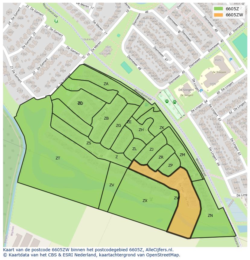 Afbeelding van het postcodegebied 6605 ZW op de kaart.