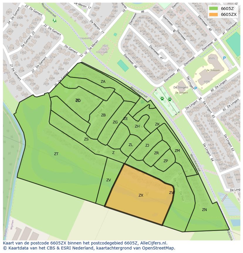 Afbeelding van het postcodegebied 6605 ZX op de kaart.