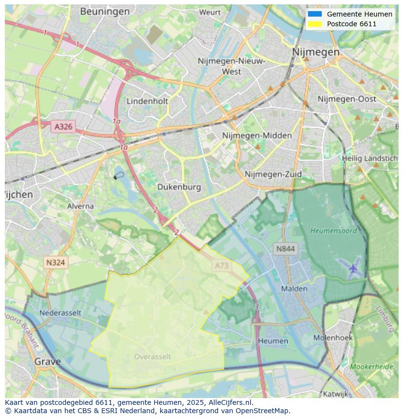 Afbeelding van het postcodegebied 6611 op de kaart.