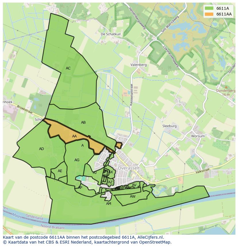 Afbeelding van het postcodegebied 6611 AA op de kaart.