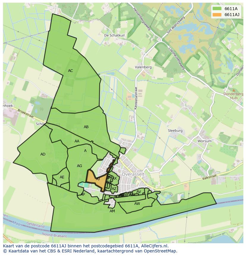 Afbeelding van het postcodegebied 6611 AJ op de kaart.