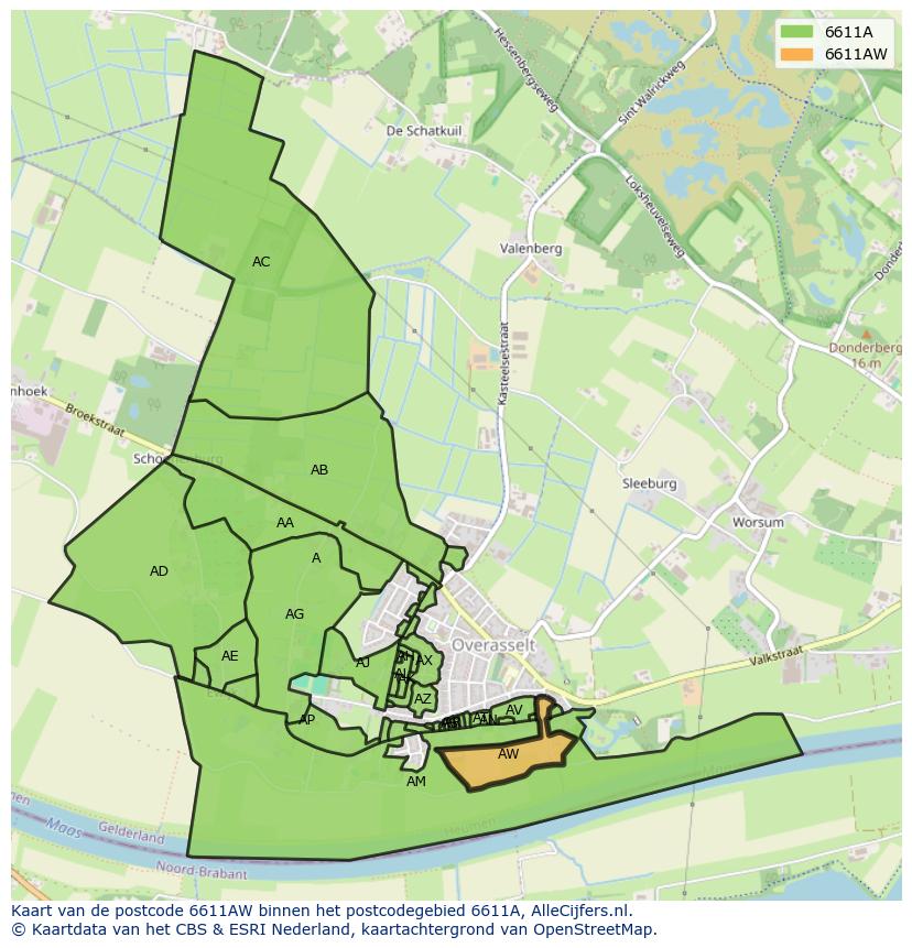 Afbeelding van het postcodegebied 6611 AW op de kaart.